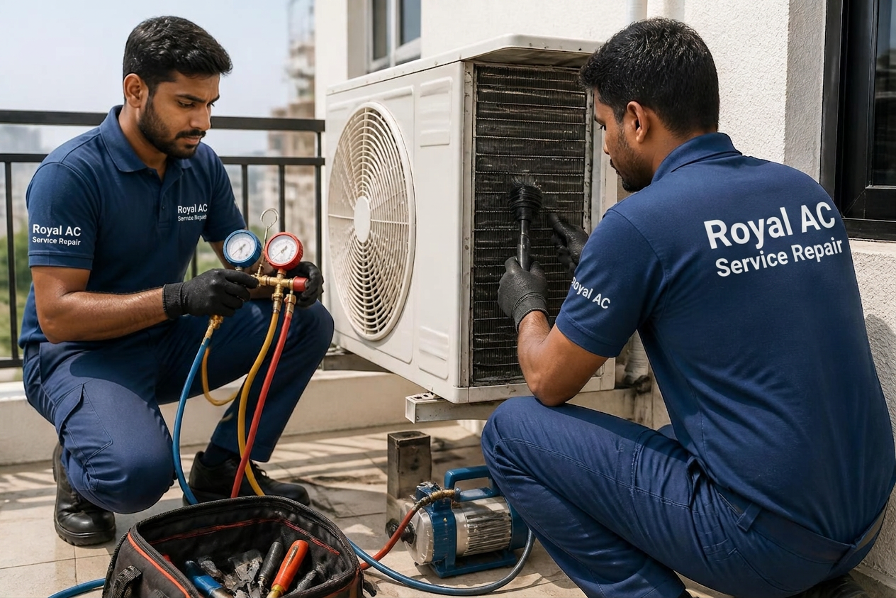 Royal AC Service Repair team servicing an outdoor split AC unit in Palwal